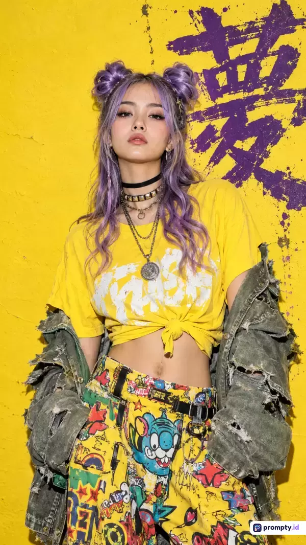 Gambar bergaya potret mode jalanan kontemporer ini menampilkan seorang wanita muda berambut ungu dengan gaya sanggul ganda, mengenakan kaos kuning yang diikat, celana kargo grafis, dan jaket denim belel di depan latar dinding kuning bertuliskan kanji ungu, dengan tiga warna dominan yaitu kuning, ungu, dan abu-abu, serta kata kunci: mode jalanan, wanita muda, rambut ungu, gaya kontemporer, dan estetika urban.