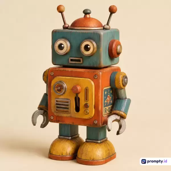 Gambar ini menampilkan mainan robot kayu retro dengan gaya ilustrasi vintage yang menampilkan konten figur robot mekanik klasik bertekstur kayu dengan tiga warna dominan yaitu oranye, hijau toska, dan kuning, serta kata kunci mainan robot, kayu, retro, vintage, dan klasik.