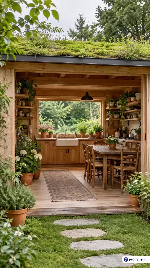 Gambar bergaya fotografi arsitektur naturalis ini menampilkan sebuah dapur terbuka semi-outdoor yang asri di tengah taman dengan gaya pedesaan, didominasi oleh konten interior kayu hangat, tanaman hias pot, dan pemandangan hijau rimbun, serta menggunakan palet warna dominan cokelat kayu, hijau daun, dan abu-abu alami, dengan kata kunci: dapur taman, rumah kayu, arsitektur hijau, desain interior natural, eco-friendly.