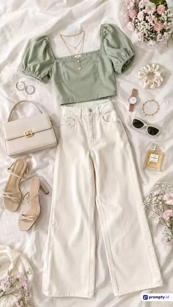 Gambar bergaya estetik *flat lay* ini menampilkan konten padu padan busana kasual elegan yang terdiri dari *blouse* hijau sage, celana putih berpinggang tinggi, tas tangan putih, sepatu hak tinggi krem, serta aksesoris seperti kalung, kacamata hitam, parfum, dan buket bunga, dengan kata kunci mode wanita, gaya korea, pakaian kasual, estetika, dan minimalis, serta didominasi oleh tiga warna utama yaitu hijau sage, putih, dan krem.