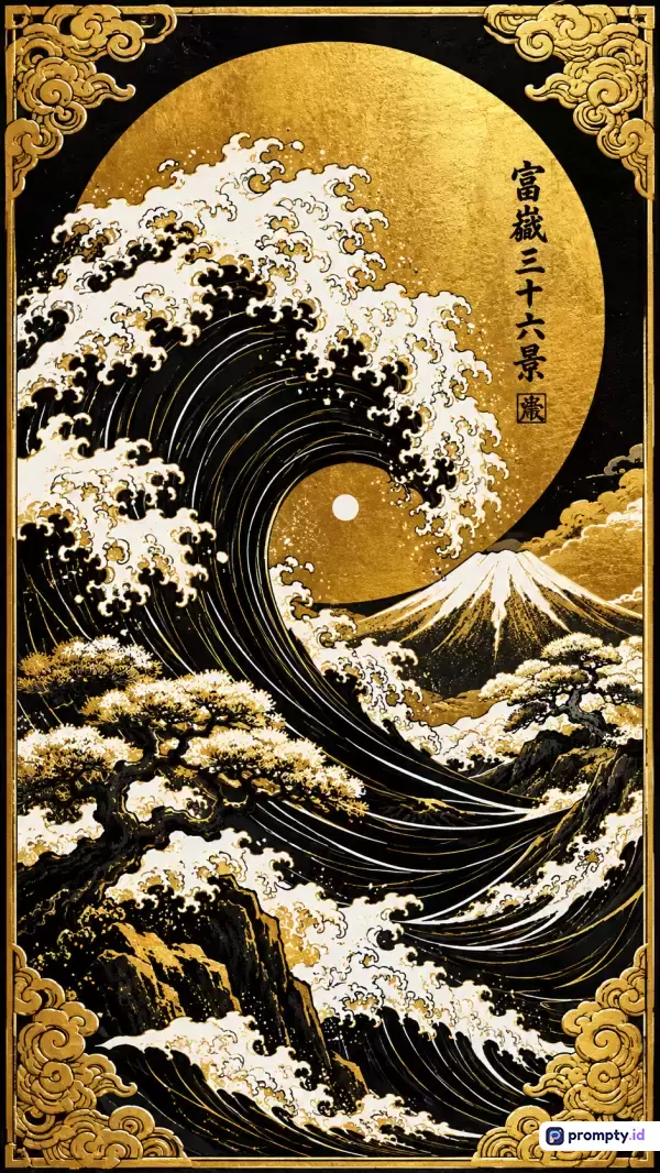 Gambar bergaya ukiyo-e Jepang dengan palet warna emas, hitam, dan putih ini menampilkan konten ombak besar, Gunung Fuji, kaligrafi, dan pohon bonsai, dengan kata kunci ombak, jepang, emas, gunung fuji, seni tradisional, serta tiga warna dominan yaitu emas, hitam, dan putih.