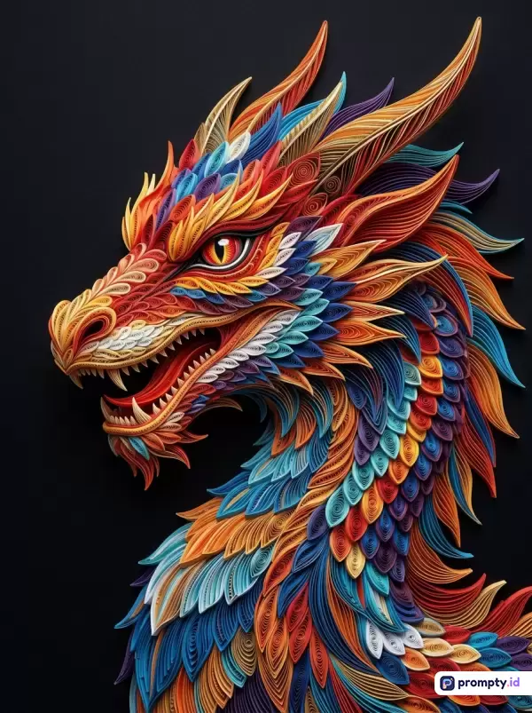 Gambar ini menampilkan ilustrasi naga bergaya seni *quilling* kertas dengan konten kepala dan leher naga yang sangat detail dan dinamis, menggunakan kata kunci seperti naga, seni kertas, quilling, warna-warni, dan fantasi, dengan palet warna dominan oranye, biru, dan merah, serta latar belakang hitam pekat yang membuat objek utama semakin menonjol.