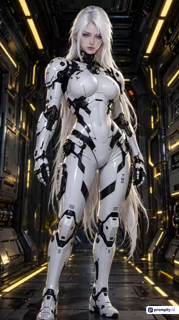 Gambar bergaya digital art fiksi ilmiah ini menampilkan karakter cyborg wanita berambut putih panjang mengenakan armor futuristik putih dan hitam di koridor pesawat luar angkasa dengan kata kunci sci-fi, cyborg, wanita, armor, dan futuristik, yang didominasi oleh warna putih, hitam, dan kuning.