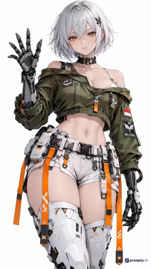 Gambar bergaya ilustrasi anime fiksi ilmiah ini menampilkan karakter wanita berambut perak pendek dengan lengan prostetik robotik, mengenakan jaket militer hijau, celana pendek putih taktis dengan aksen oranye, serta membawa kata kunci cyberpunk, mecha, prajurit futuristik, dan waifu, yang didominasi oleh warna hijau zaitun, putih, dan oranye.
