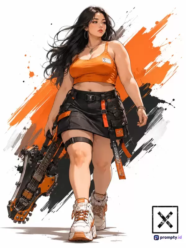 Gambar bergaya ilustrasi digital anime modern ini menampilkan konten seorang wanita bertubuh berisi dengan rambut hitam panjang yang mengenakan pakaian jalanan bernuansa oranye dan hitam sambil membawa gitar listrik bergaya futuristik, dengan kata kunci wanita plus-size, cyberpunk, gitaris, fashion jalanan, dan seni digital, didominasi oleh warna oranye, hitam, dan putih.