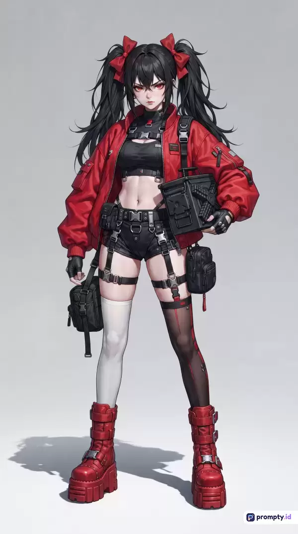 Gambar dengan gaya ilustrasi anime digital ini menampilkan karakter wanita bergaya cyberpunk dengan pakaian taktis serba hitam dan jaket bomber merah mencolok, dilengkapi kata kunci anime, cyberpunk, taktis, wanita, fiksi ilmiah, merah, hitam, putih, berambut kuncir dua, dan memegang kotak amunisi, dengan tiga warna dominan yaitu merah terang, hitam pekat, dan abu-abu muda.