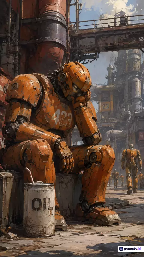 Gambar ber-style digital painting bergaya sci-fi post-apocalyptic ini menampilkan konten robot humanoid oranye berkarat bernomor 423 yang sedang duduk murung di sebelah kaleng minyak berlabel OIL dengan latar belakang kompleks industri kumuh, memiliki kata kunci robot sedih, pabrik masa depan, dan distopia, didominasi oleh warna oranye karat, abu-abu baja, dan cokelat tanah.