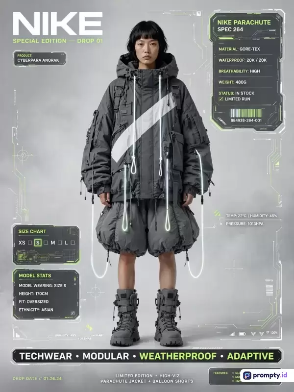 Gambar bergaya futuristik dengan konsep *cyberpunk techwear* ini menampilkan seorang model Asia mengenakan jaket *anorak* abu-abu kebesaran berspesifikasi *Gore-Tex* dengan elemen antarmuka digital HUD berwarna hijau neon di sekelilingnya, memuat kata kunci seperti *Nike, techwear, modular, weatherproof, adaptive, high-viz, jacket, balloon shorts*, serta didominasi oleh tiga warna utama yaitu abu-abu tua, putih, dan hijau neon.