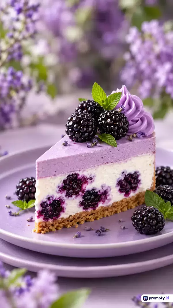 Gambar fotografi makanan bergaya komersial yang elegan ini menampilkan sepotong kue *cheesecake* beri dengan lapisan ungu pastel, buah *blackberry* segar, dan daun mint di atas piring ungu, dihiasi latar belakang bunga lavender yang buram dengan dominasi warna ungu, putih, dan hijau, serta kata kunci kue, *cheesecake*, *blackberry*, ungu, makanan penutup, fotografi makanan, dan lavender.