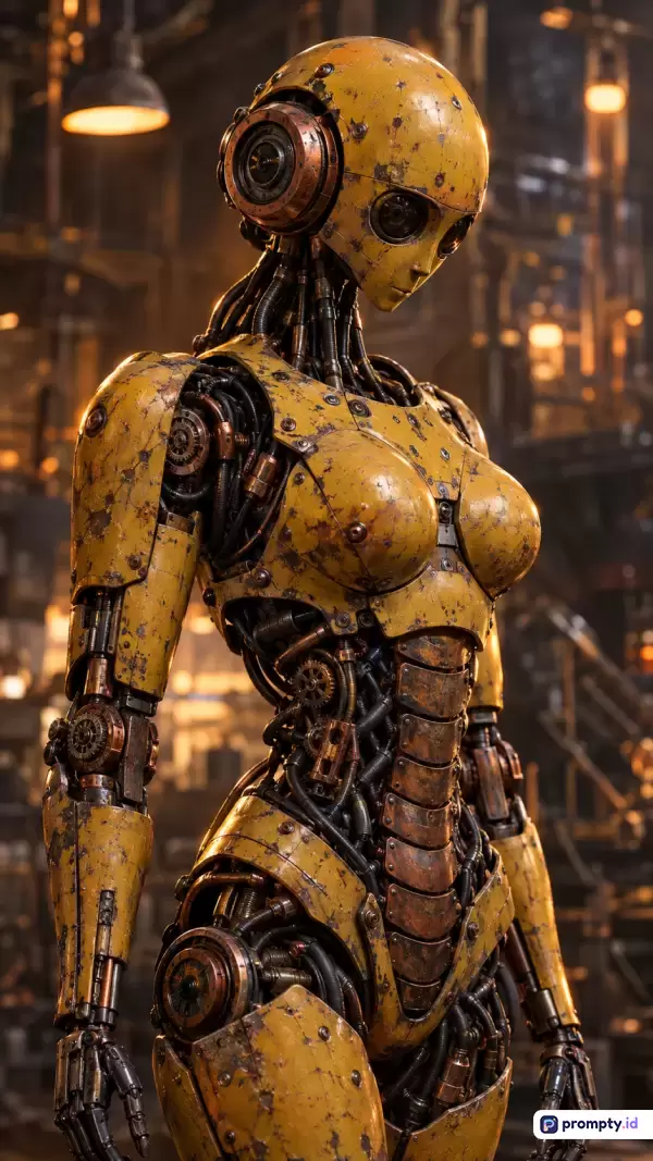 Gambar bergaya fiksi ilmiah realistik sinematik ini menampilkan robot android humanoid wanita dengan bodi usang berwarna kuning karat dan aksen tembaga yang berdiri di dalam pabrik industrial remang-remang, dengan kata kunci robot, steampunk, android, sci-fi, mesin, dan palet tiga warna dominan yaitu kuning mustard, cokelat karat, serta hitam logam.