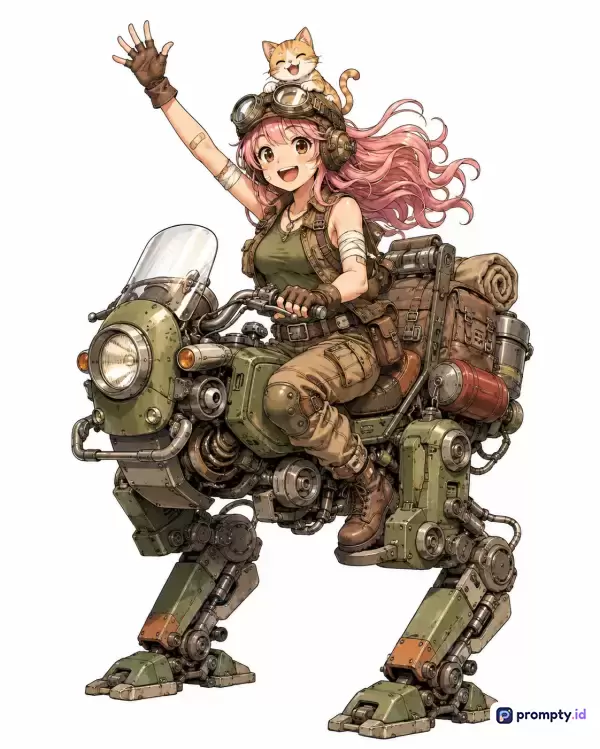 Gambar bergaya ilustrasi anime bertema sci-fi/dieselpunk ini menampilkan seorang gadis berambut merah muda dengan seekor kucing di kepalanya yang sedang ceria melambaikan tangan di atas kendaraan mekanis bipedal, dengan dominasi warna hijau militer, cokelat tanah, dan krem, serta kata kunci: anime, sci-fi, dieselpunk, mecha, pengendara, gadis, kucing, petualangan, futuristik, mekanik.