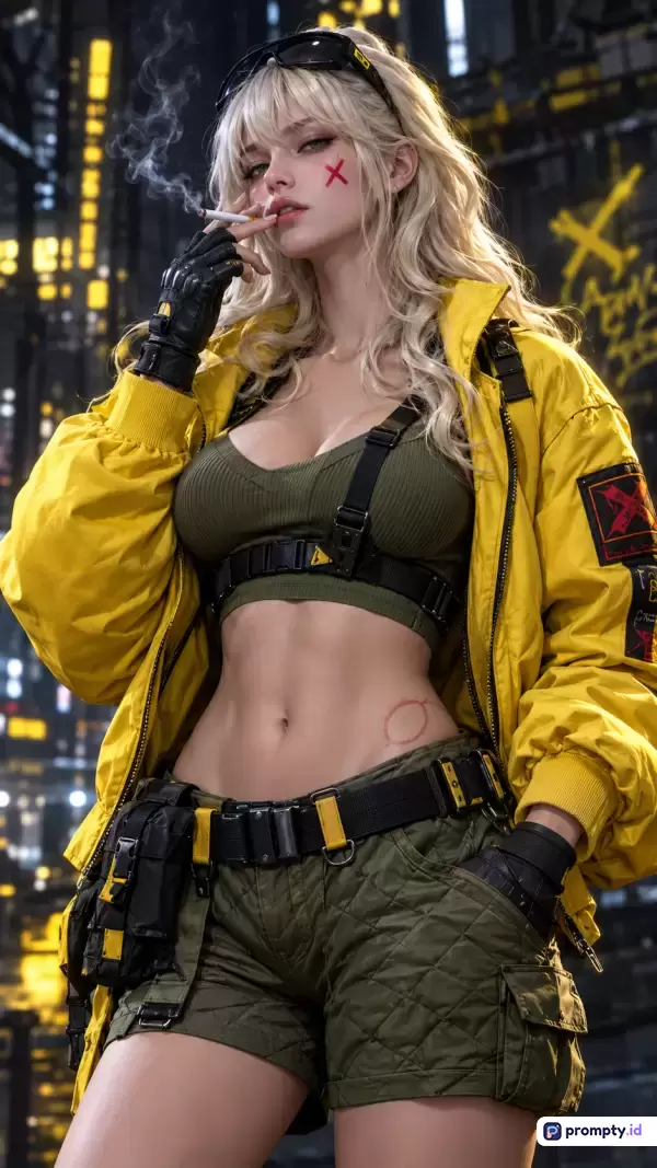 Gambar bergaya ilustrasi digital semi-realistis ini menampilkan konten karakter wanita berambut pirang dengan gaya cyberpunk yang sedang merokok di latar belakang perkotaan malam hari, menggunakan kata kunci wanita cyberpunk, jaket kuning, dan rokok, didominasi oleh warna kuning, hijau zaitun, dan hitam.