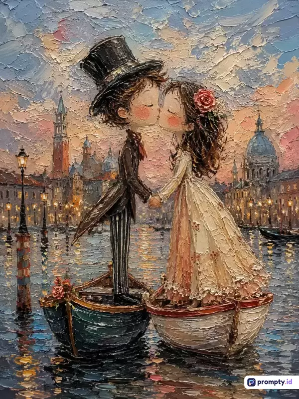 Lukisan gaya Impresionis tebal (*impasto*) dengan palet pisau ini menampilkan konten sepasang kekasih bergaya kartun vintage yang berciuman di atas perahu di kanal Venesia saat senja, diperkaya oleh kata kunci romantis, seni, venesia, pasangan, dan senja, serta didominasi oleh warna biru, cokelat, dan merah muda, dengan tiga warna dominan yaitu biru tua, cokelat tanah, dan merah muda pastel.