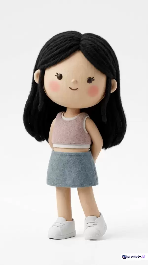 Gambar berformat vertikal ini menampilkan boneka perempuan berambut hitam dari benang wol dan bertekstur kayu dengan gaya chibi yang mengenakan crop top merah muda, rok abu-abu, dan sepatu putih, memiliki latar belakang putih polos, serta didominasi oleh warna hitam, merah muda, dan abu-abu, dengan kata kunci: boneka, rajut, tekstur kayu, chibi, perempuan, gaya, minimalis, dan desain karakter.