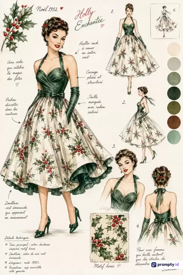 Ilustrasi mode retro bergaya sketsa vintage tahun 1950-an ini menampilkan desain gaun halter-neck hijau zamrud dengan motif holly Natal, teks catatan Prancis, dan palet warna yang didominasi oleh warna hijau tua, putih gading, dan merah marun.